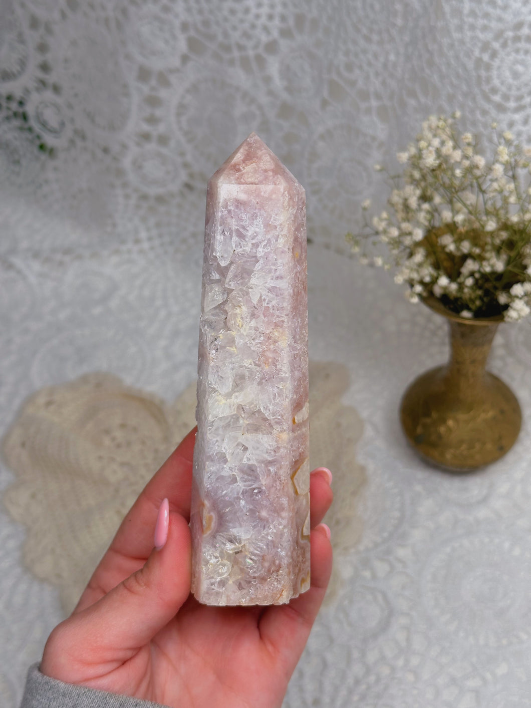 Flower agate with amethyst tower
