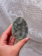 Load image into Gallery viewer, Green druzy rainbow amethyst egg on stand
