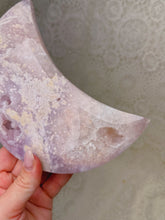 Load image into Gallery viewer, Pink amethyst moon on stand
