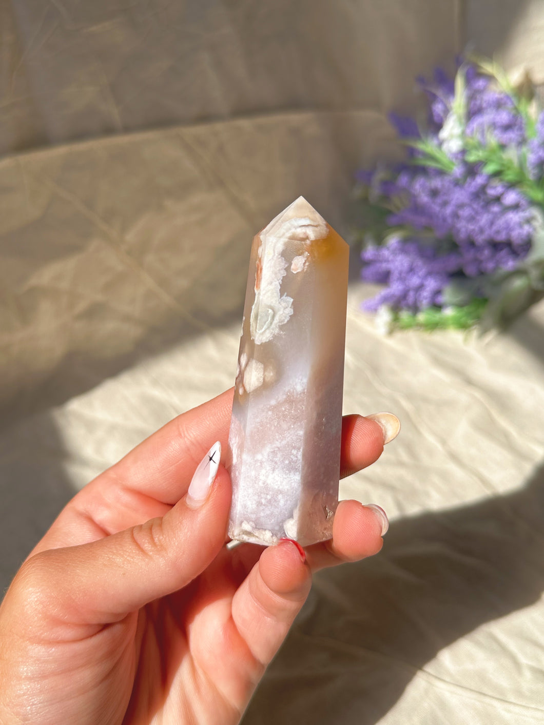 Flower agate with amethyst tower