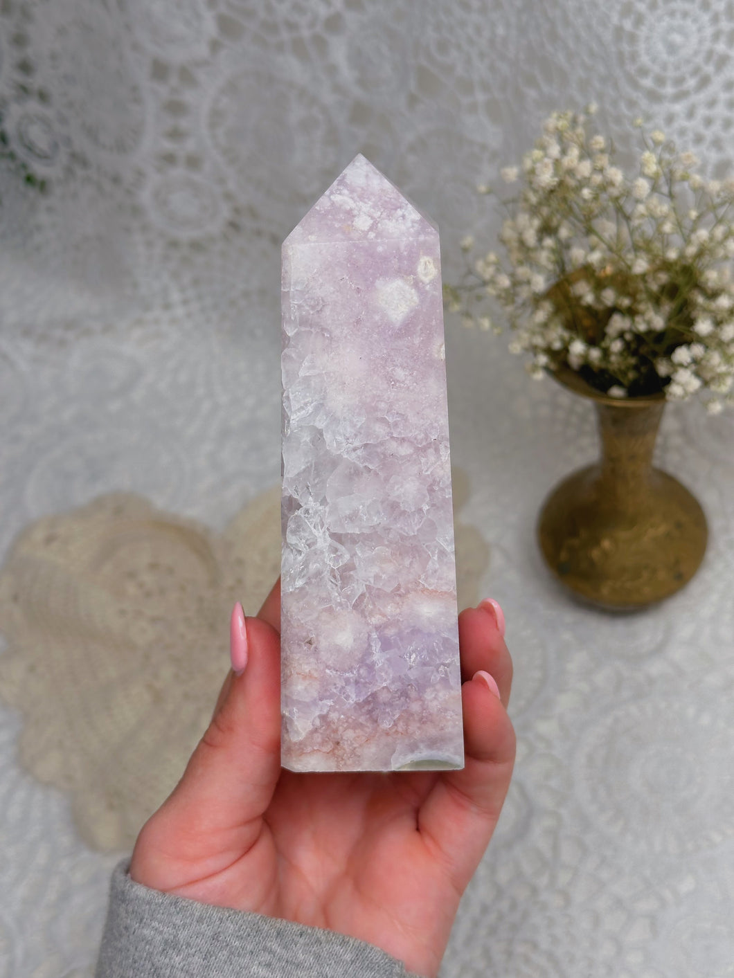 Flower agate with amethyst tower