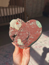 Load image into Gallery viewer, Very rare red druzy amethyst heart with perfect calcite
