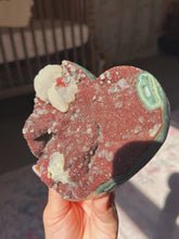 Load image into Gallery viewer, Very rare red druzy amethyst heart with perfect calcite
