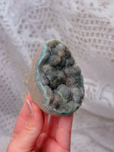 Load image into Gallery viewer, Green druzy rainbow amethyst egg on stand
