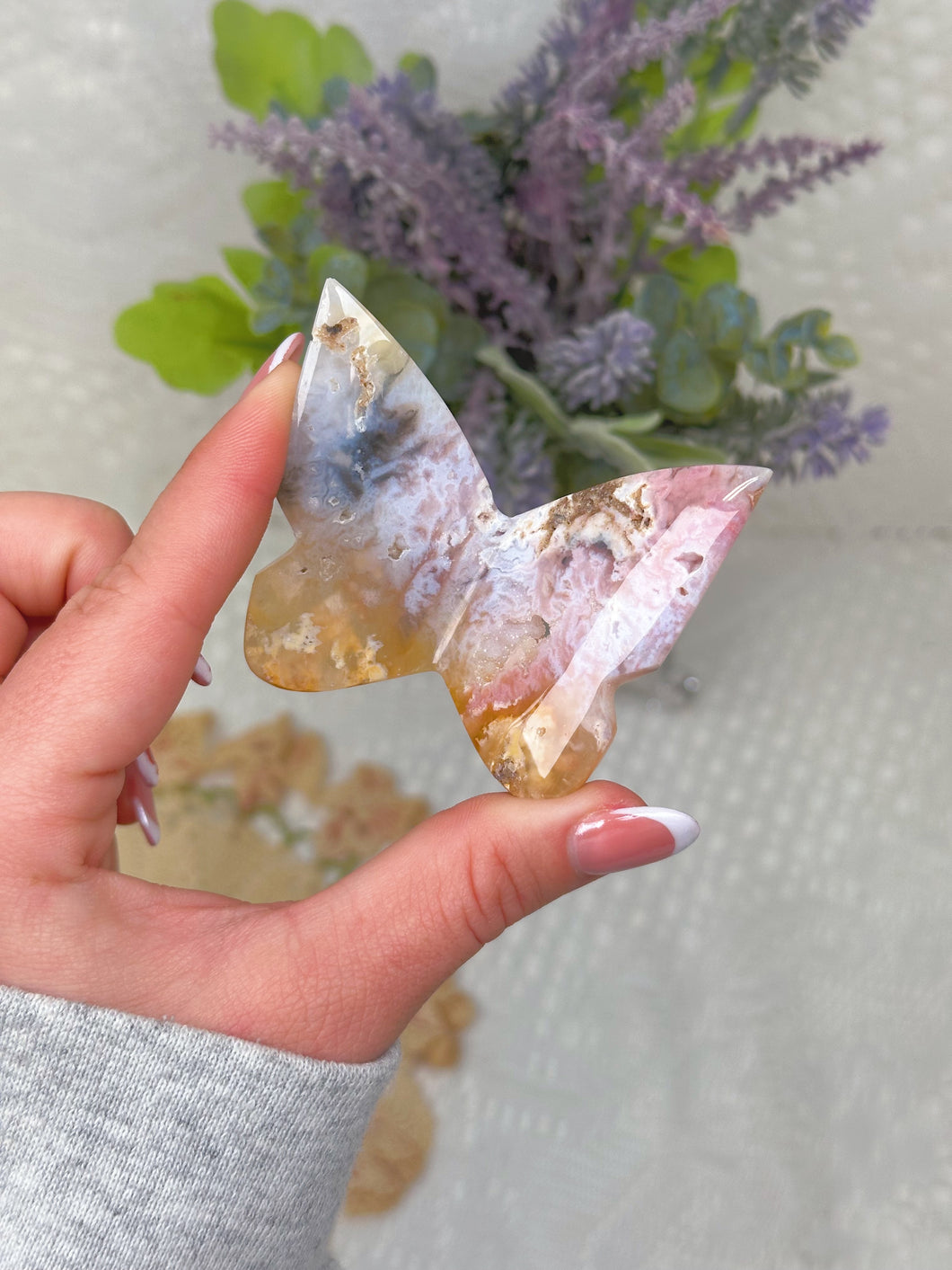 Pink druzy plume agate butterfly