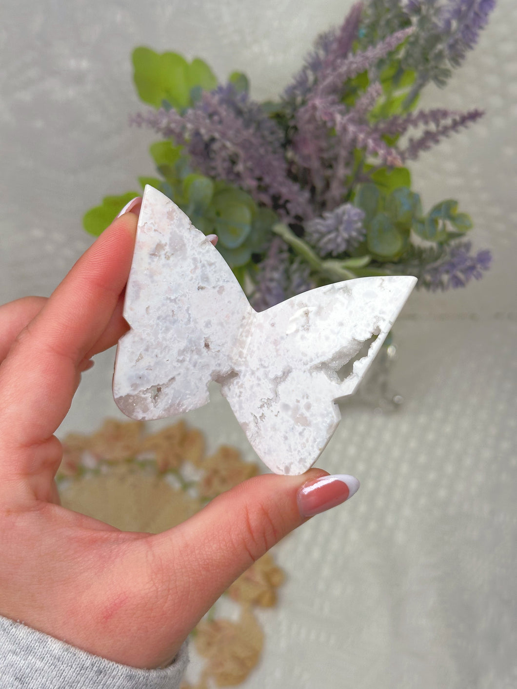 White druzy plume agate butterfly