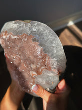 Load image into Gallery viewer, PINK druzy amethyst on a custom made stand

