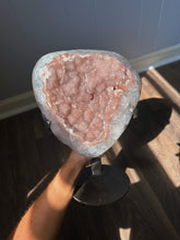 Load image into Gallery viewer, PINK druzy amethyst on a custom made stand
